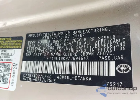 2007 Toyota Camry Ce из США, поврежденный, VIN 4T1BE46K97U694647